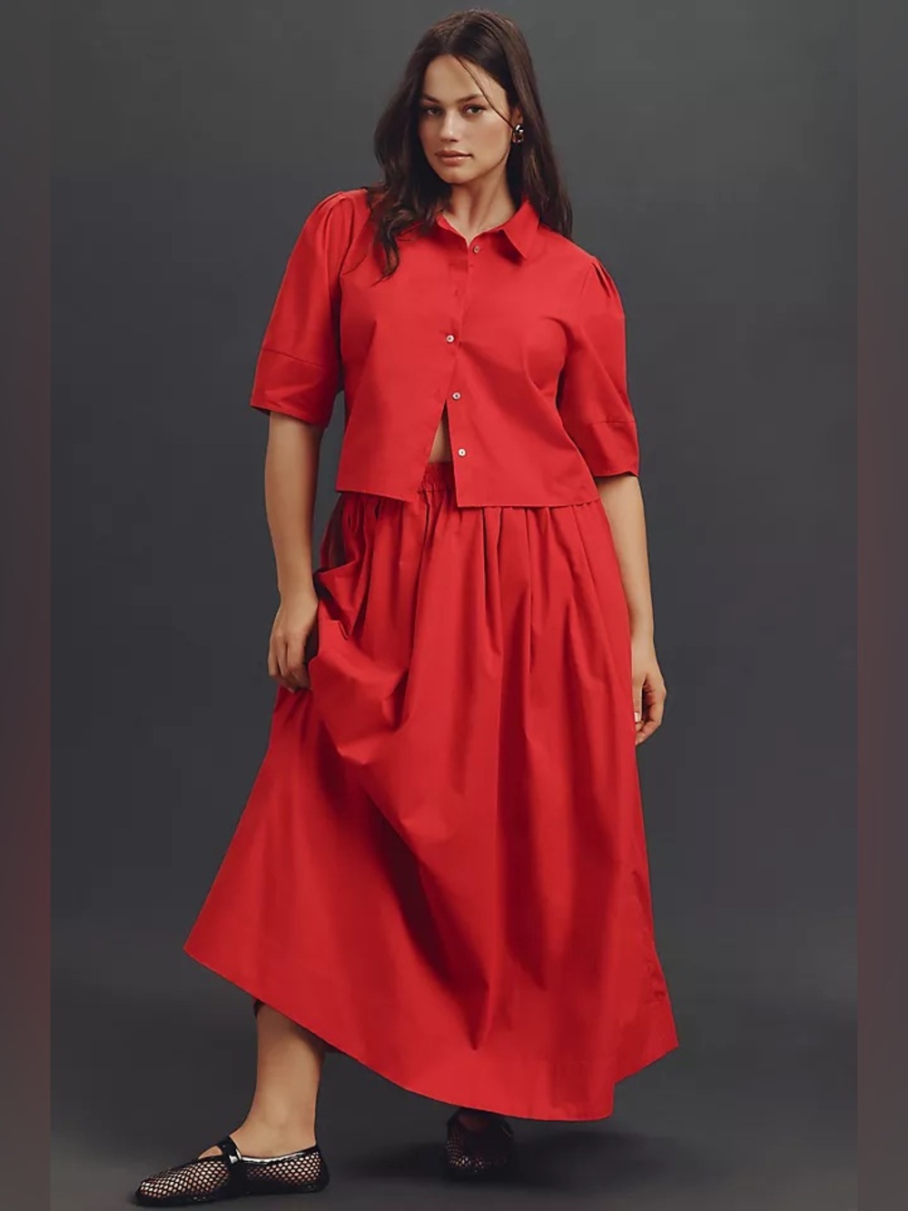 Anthropologie Maeve Structured Lantern Red Button-Down Shirt - Picture 9 of 10